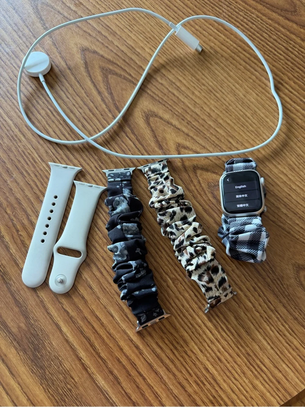 Apple Watch with Black & White Plaid Scrunchie Band and White Accessories